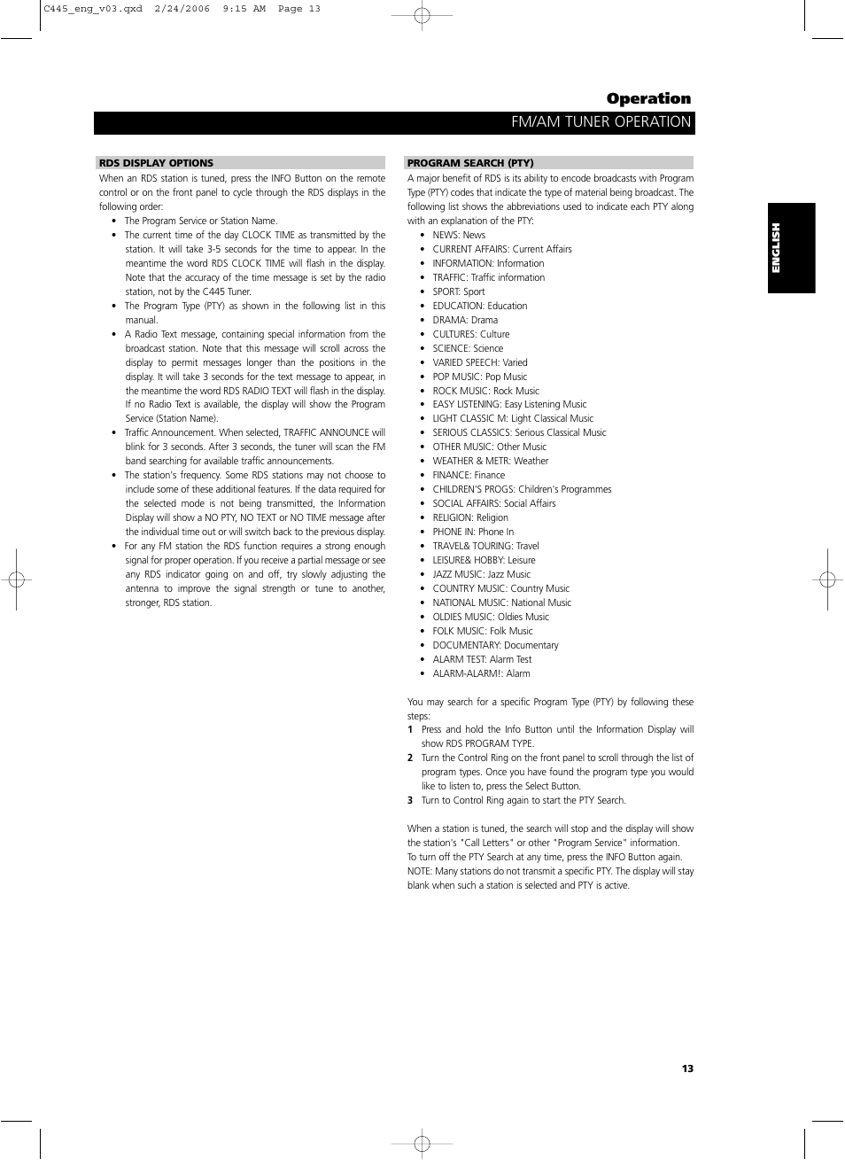 Fm/am tuner operation operation | NAD C 445 User Manual | Page 13 / 16