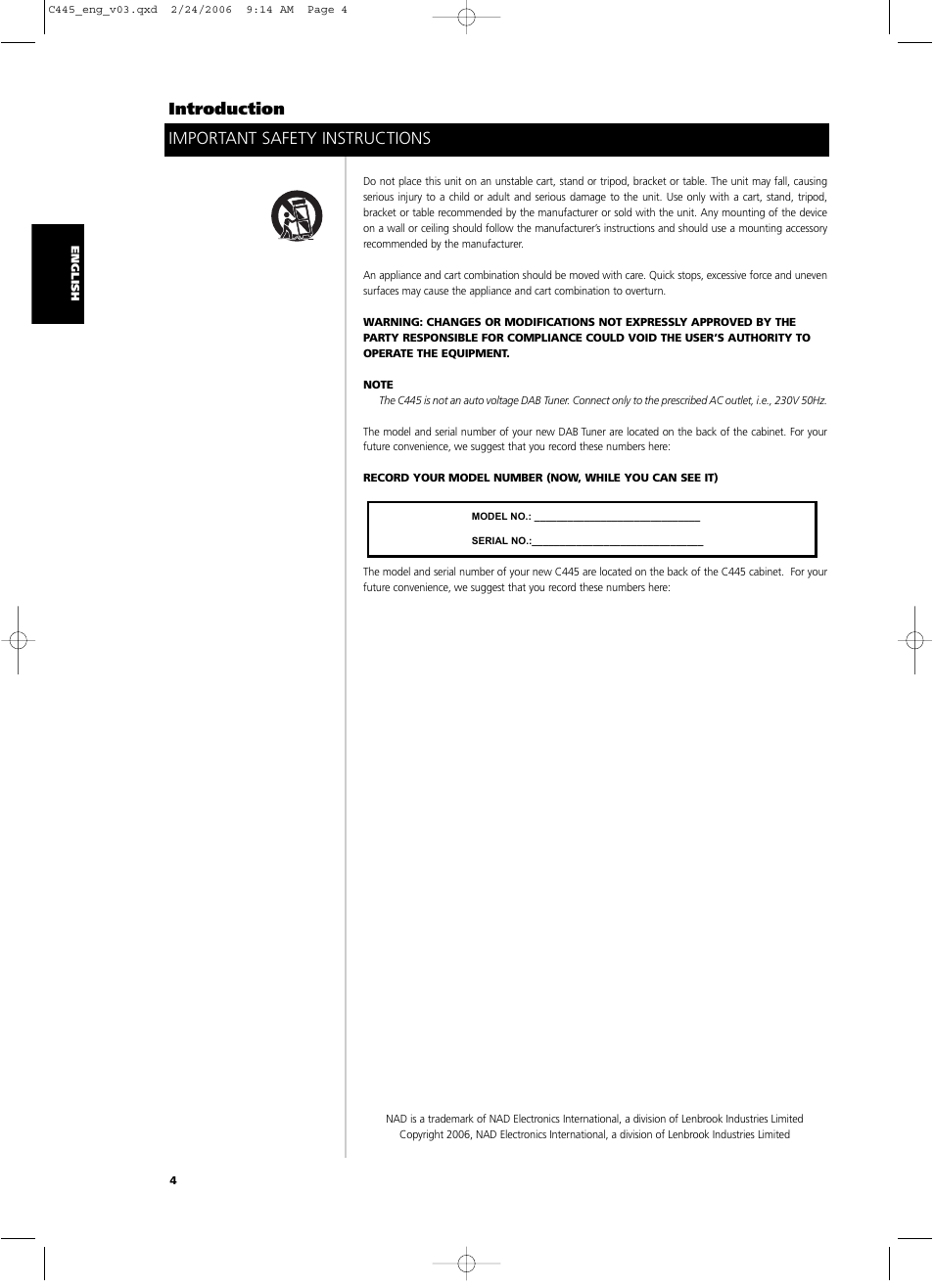 Introduction, Important safety instructions | NAD C 445 User Manual | Page 4 / 16