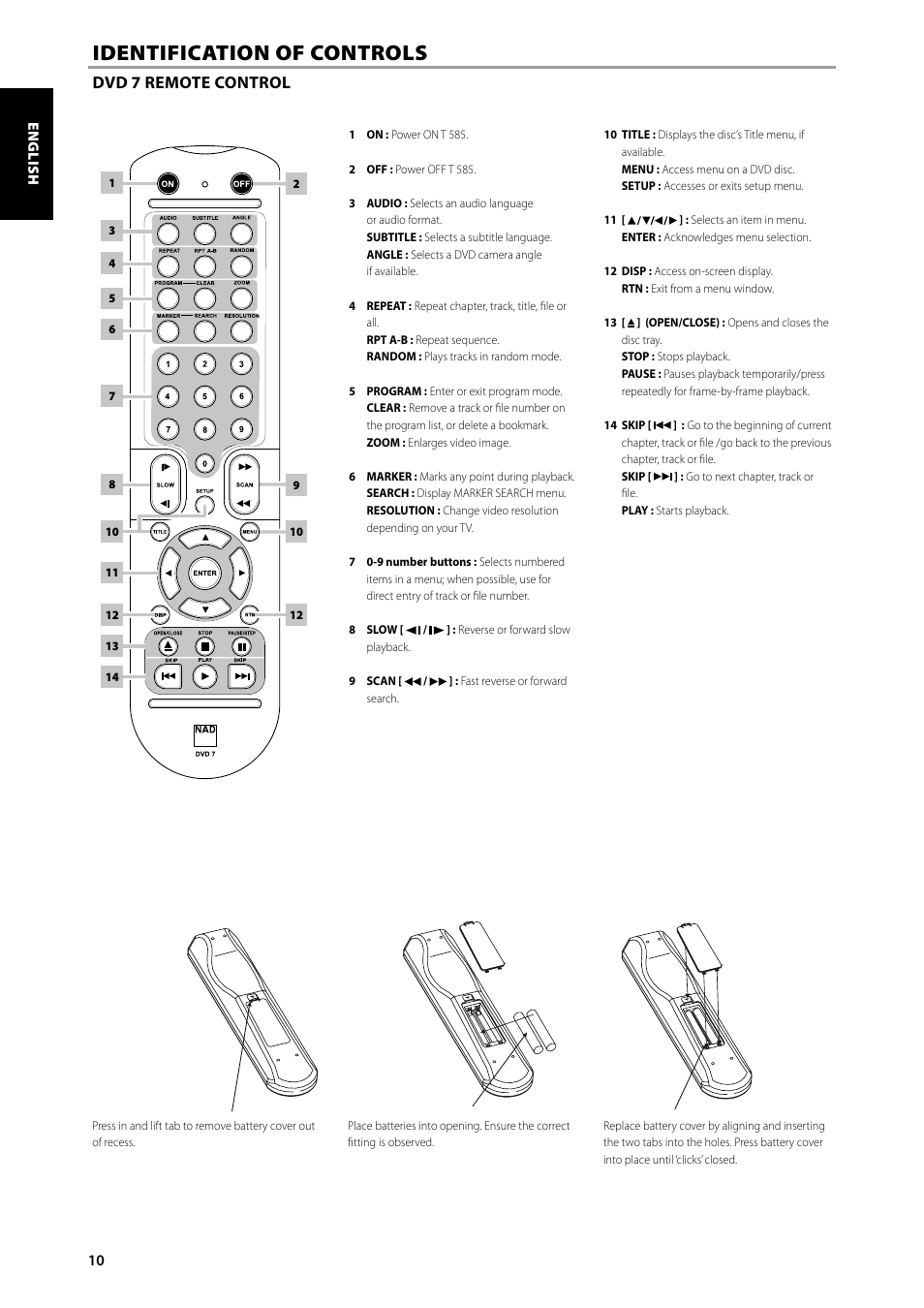 Identification of controls, Dvd 7 remote control | NAD T585 User Manual | Page 10 / 26