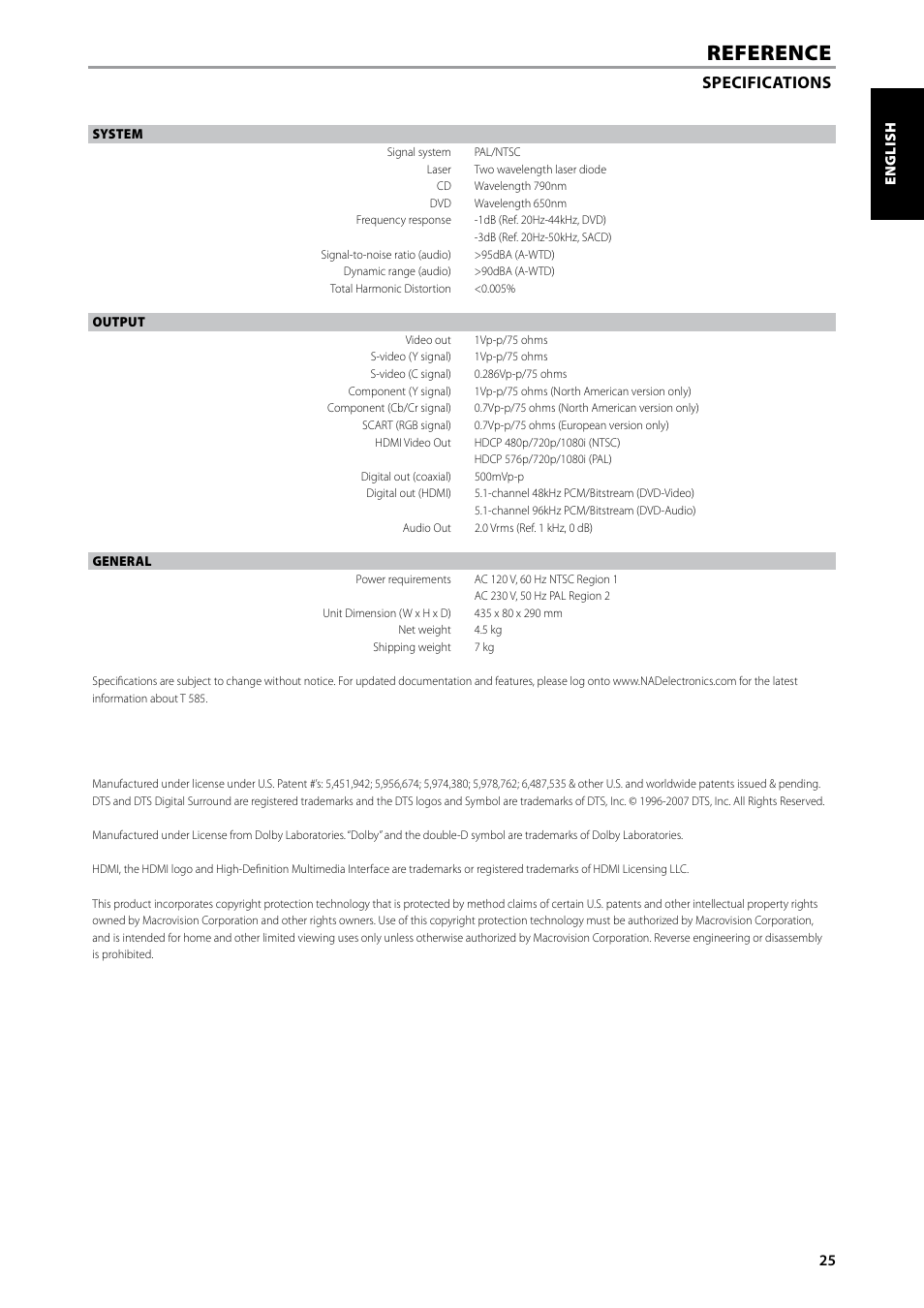 Reference, Specifications | NAD T585 User Manual | Page 25 / 26