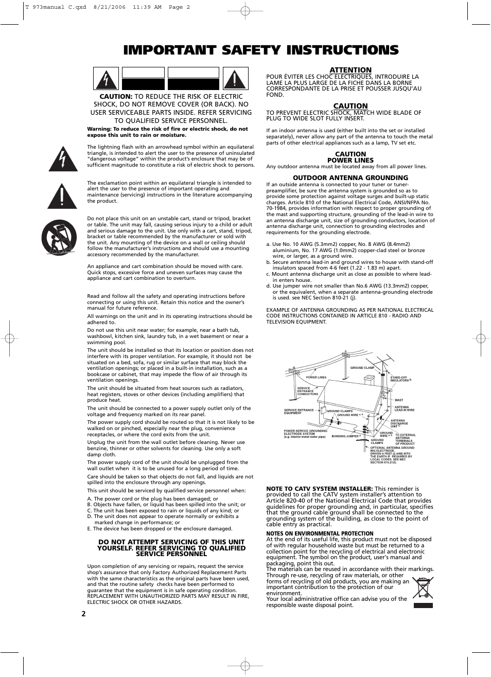 Important safety instructions, Caution, Attention | NAD T 973 User Manual | Page 2 / 32