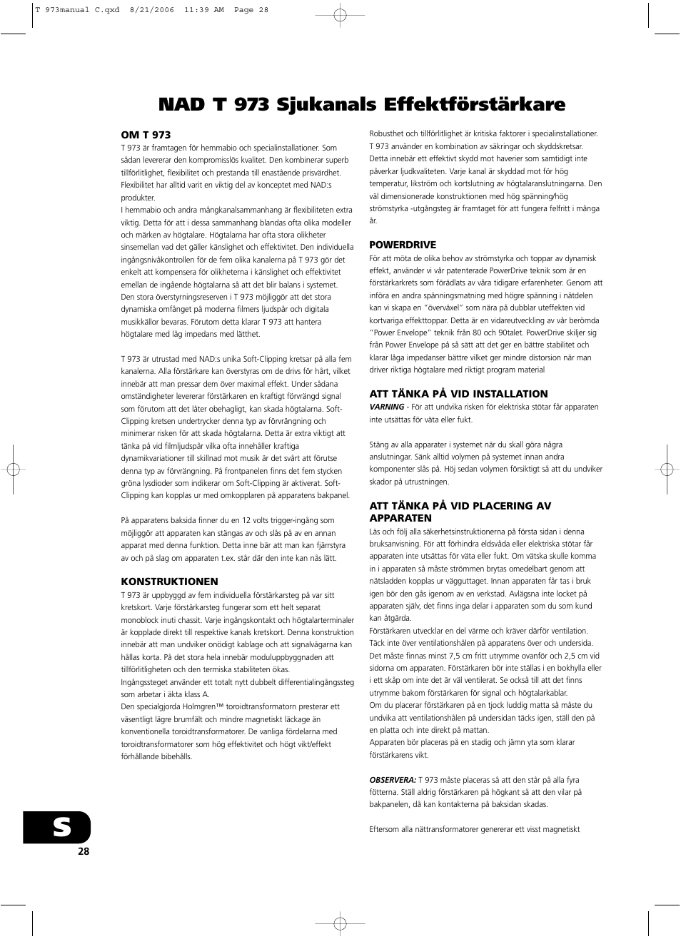 Nad t 973 sjukanals effektförstärkare | NAD T 973 User Manual | Page 28 / 32