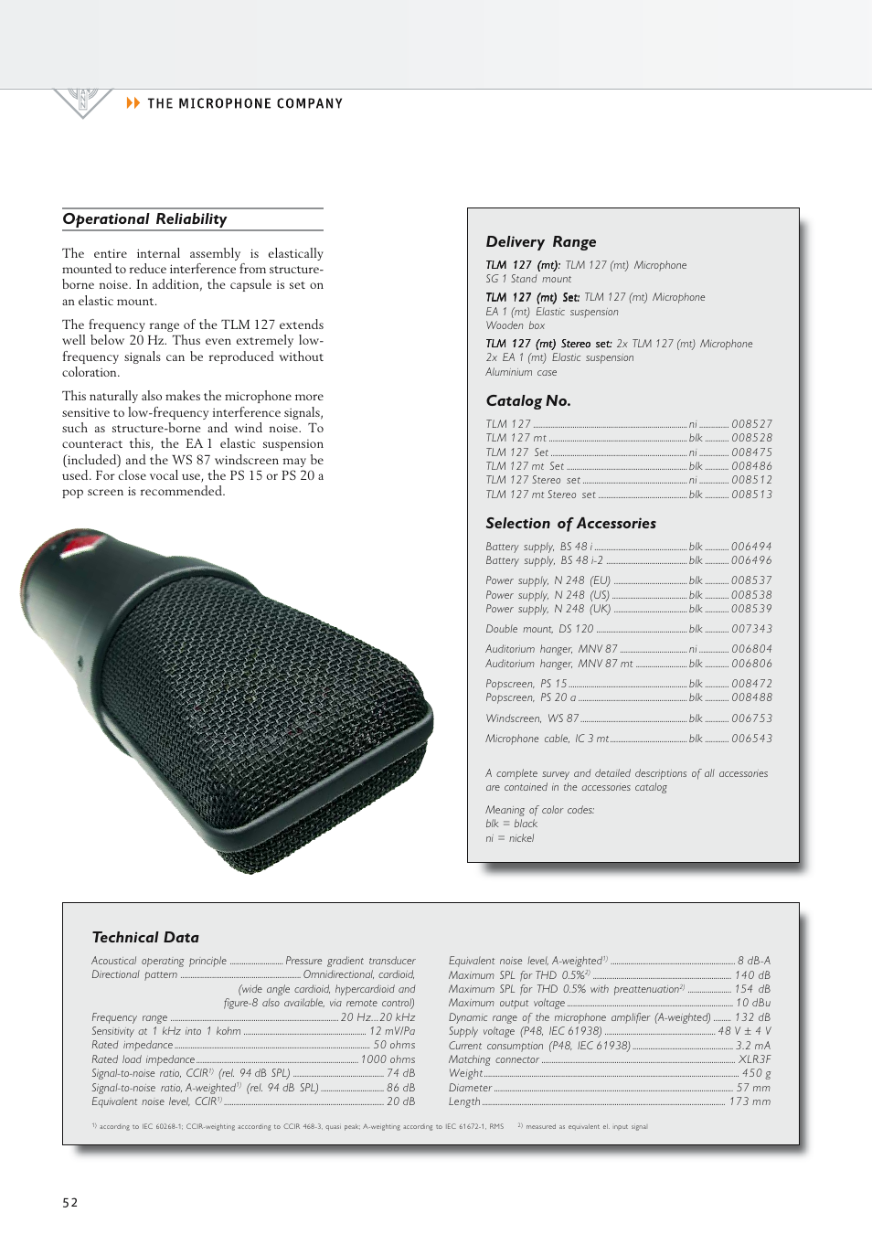 Technical data, Operational reliability, Delivery range | Catalog no, Selection of accessories | Neumann.Berlin TLM 127 User Manual | Page 4 / 6