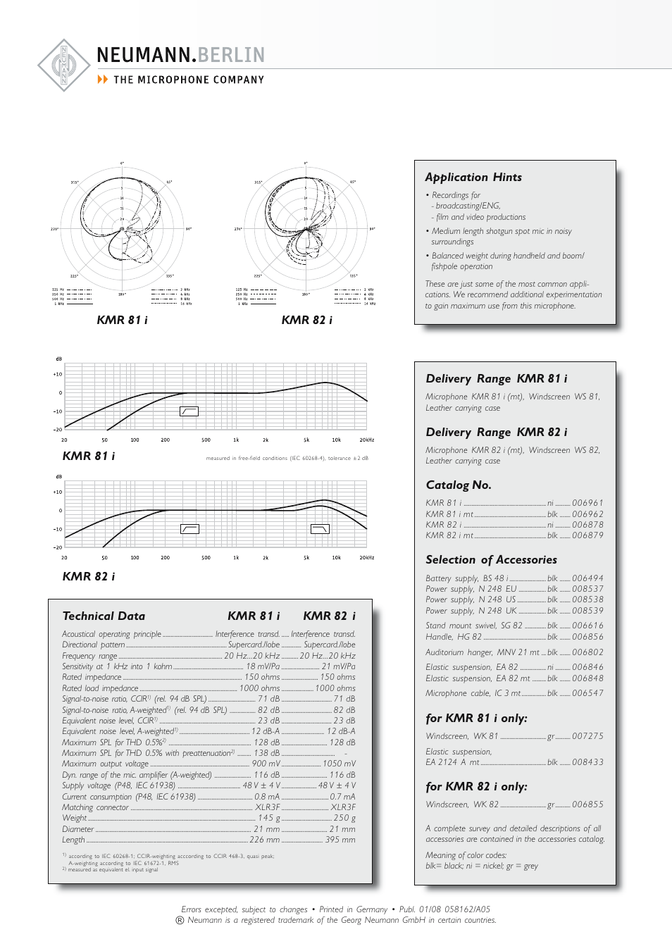 Application hints, Technical data kmr 81 i kmr 82 i, Delivery range kmr 82 i | Catalog no, Selection of accessories, For kmr 81 i only, For kmr 82 i only, Kmr 81 i | Neumann.Berlin KMR 81 i User Manual | Page 4 / 4