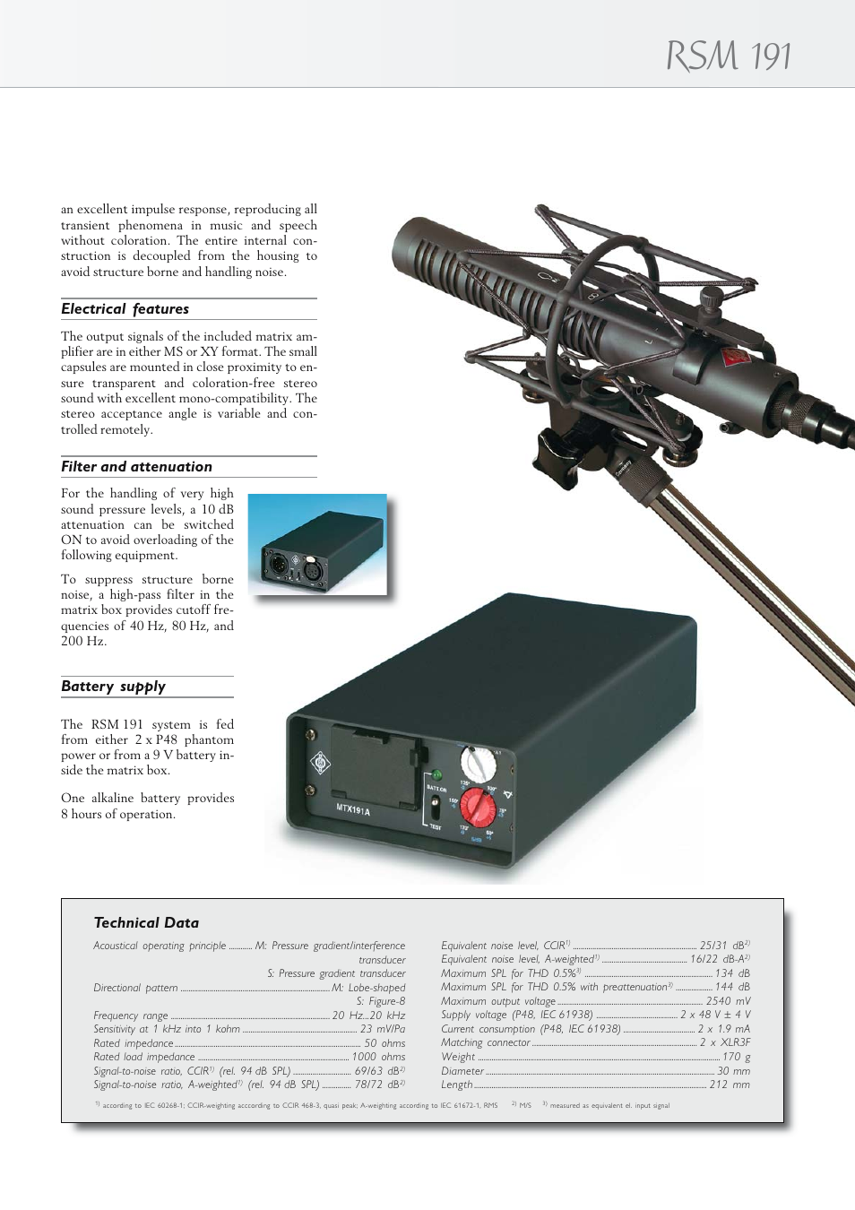 Rsm 191, Technical data, Electrical features | Filter and attenuation, Battery supply | Neumann.Berlin RSM 191 User Manual | Page 3 / 4