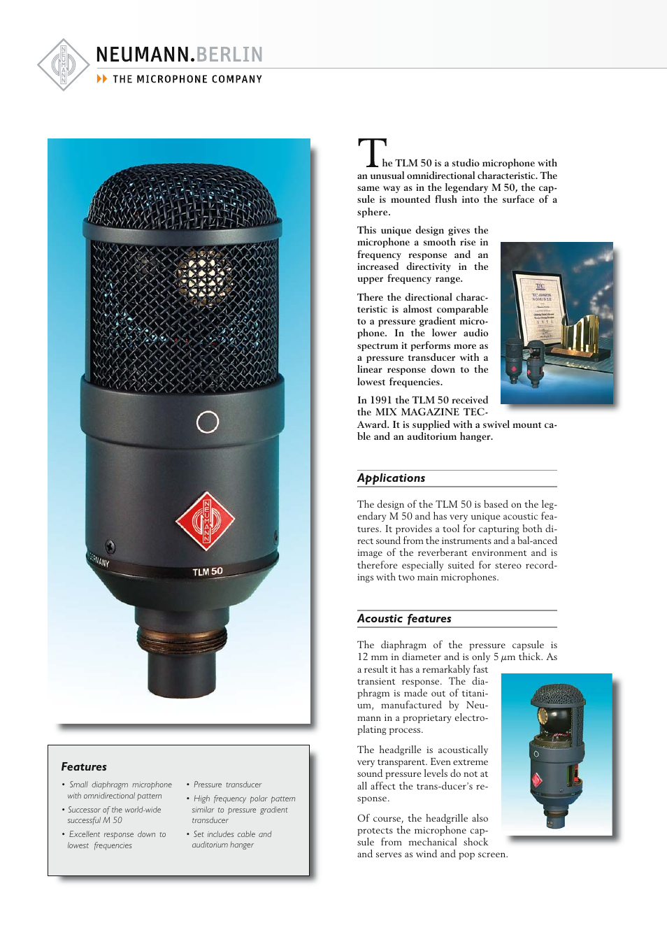 Applications, Acoustic features, Features | Neumann.Berlin TLM 50 User Manual | Page 2 / 4