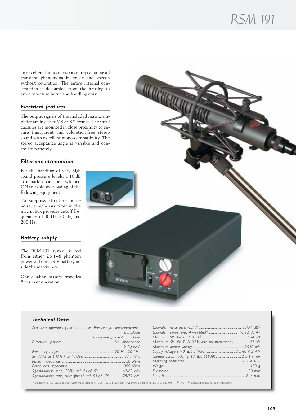 Rsm 191, Technical data, Electrical features | Filter and attenuation, Battery supply | Neumann.Berlin TLM 67 User Manual | Page 105 / 162