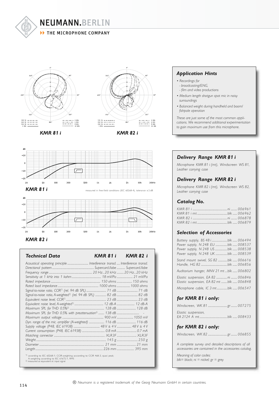 Application hints, Technical data kmr 81 i kmr 82 i, Delivery range kmr 82 i | Catalog no, Selection of accessories, For kmr 81 i only, For kmr 82 i only, Kmr 81 i | Neumann.Berlin TLM 67 User Manual | Page 114 / 162