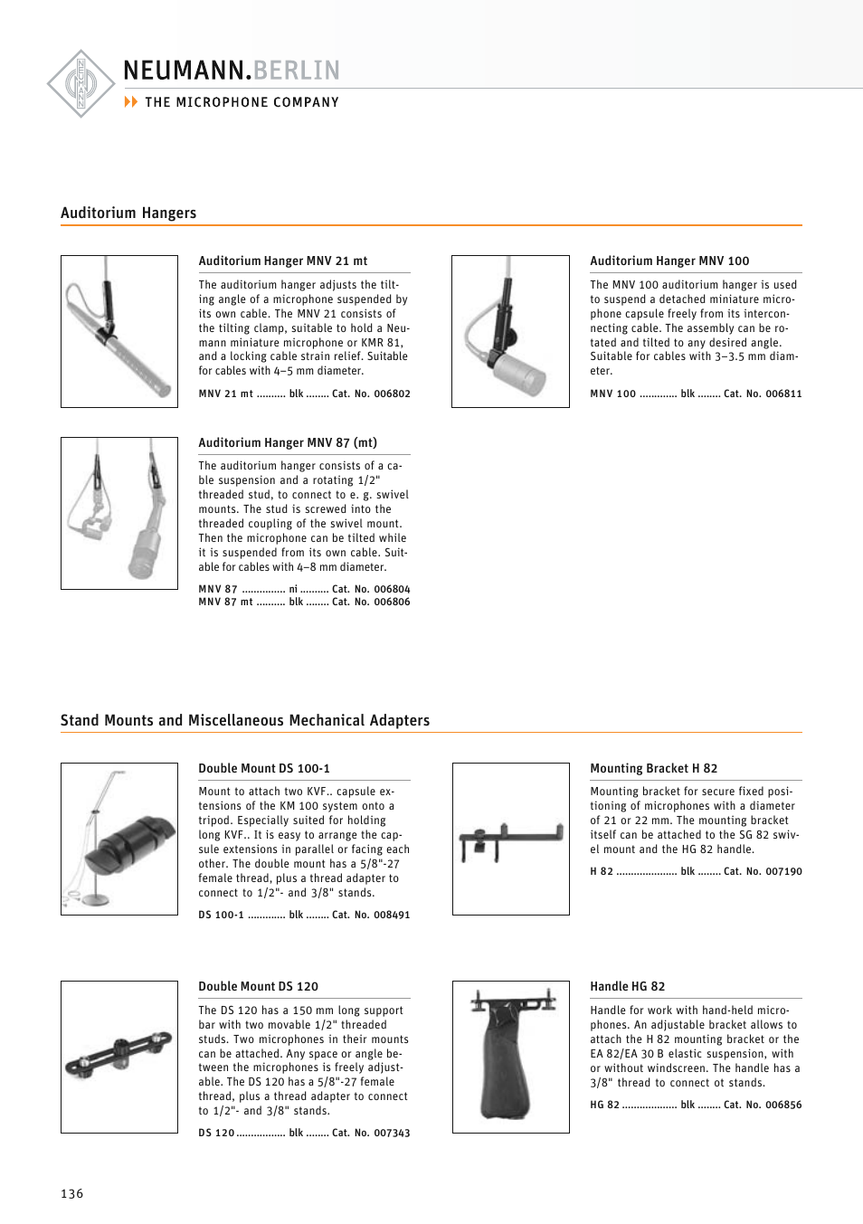 Auditorium hangers, Stand mounts and miscellaneous mechanical adapters | Neumann.Berlin TLM 67 User Manual | Page 136 / 162