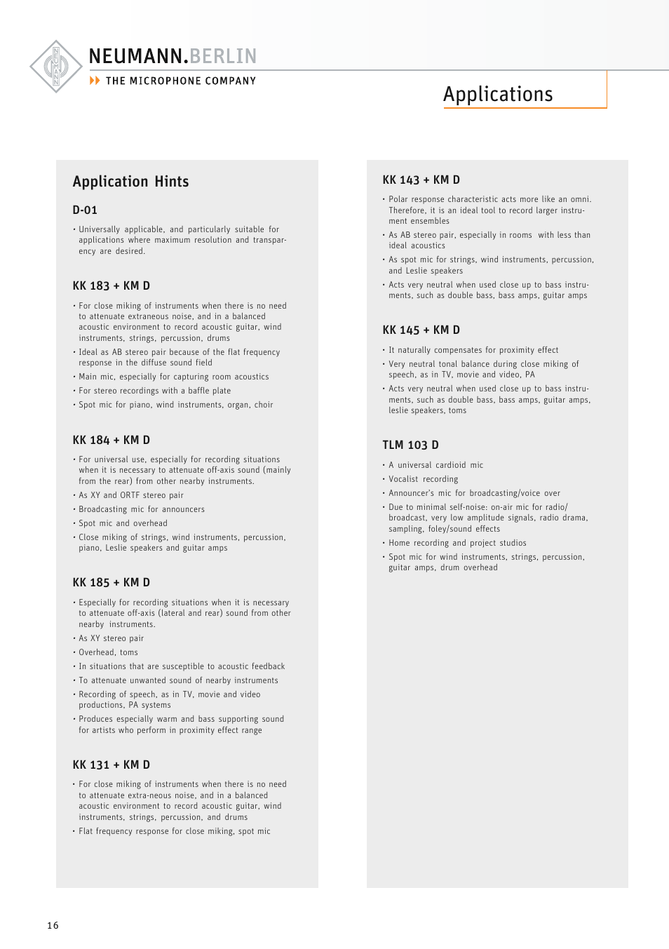 Application hints, Applications, D-01 | Kk 183 + km d, Kk 184 + km d, Kk 185 + km d, Kk 131 + km d, Kk 143 + km d, Kk 145 + km d, Tlm 103 d | Neumann.Berlin TLM 67 User Manual | Page 16 / 162