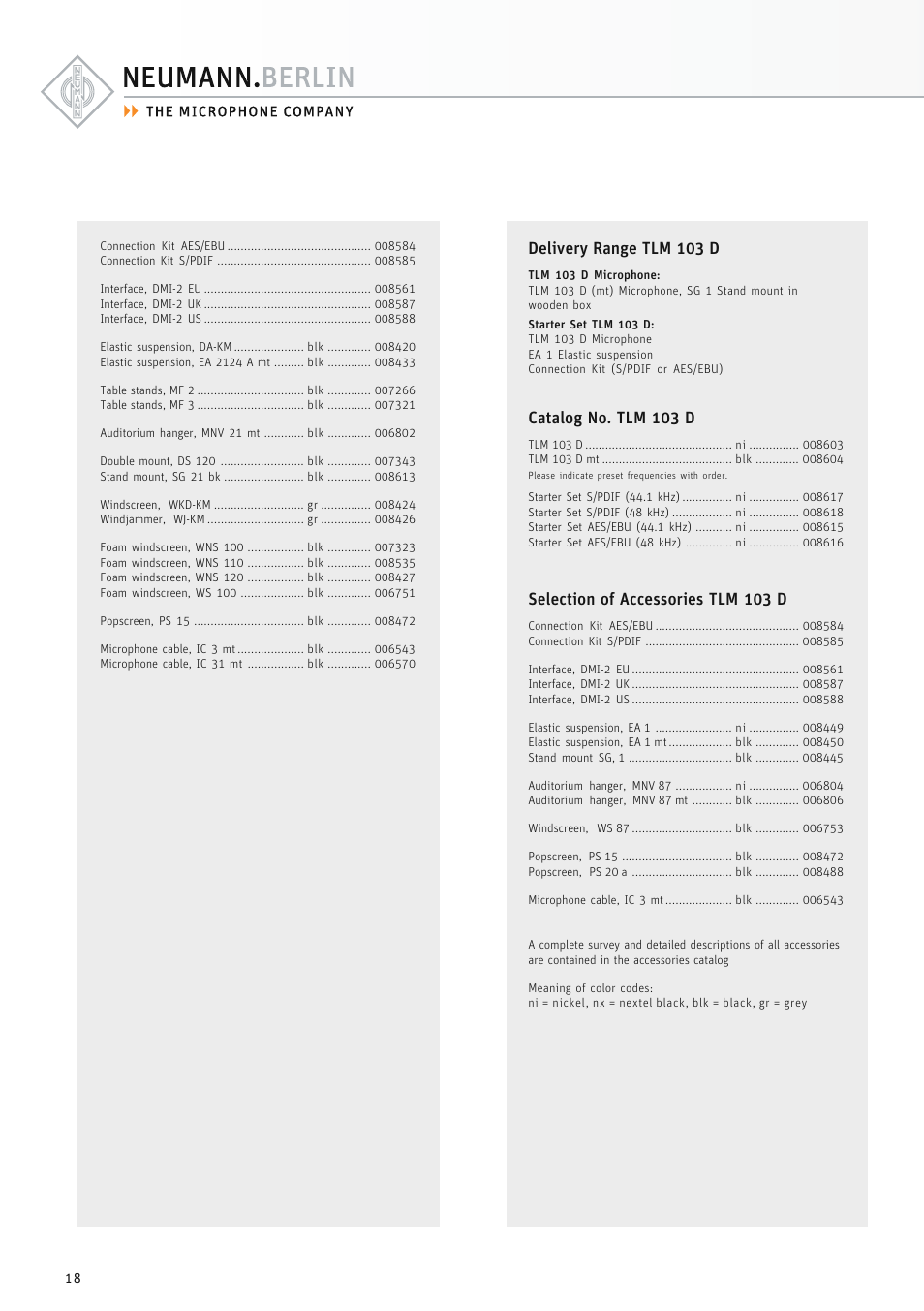 Delivery range tlm 103 d, Catalog no. tlm 103 d, Selection of accessories tlm 103 d | Neumann.Berlin TLM 67 User Manual | Page 18 / 162