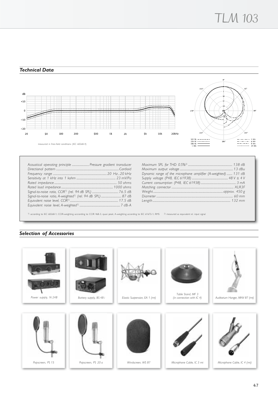 Tlm 103, Selection of accessories, Technical data | Neumann.Berlin TLM 67 User Manual | Page 47 / 162