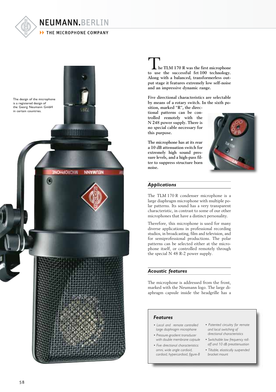 Features, Applications, Acoustic features | Neumann.Berlin TLM 67 User Manual | Page 58 / 162