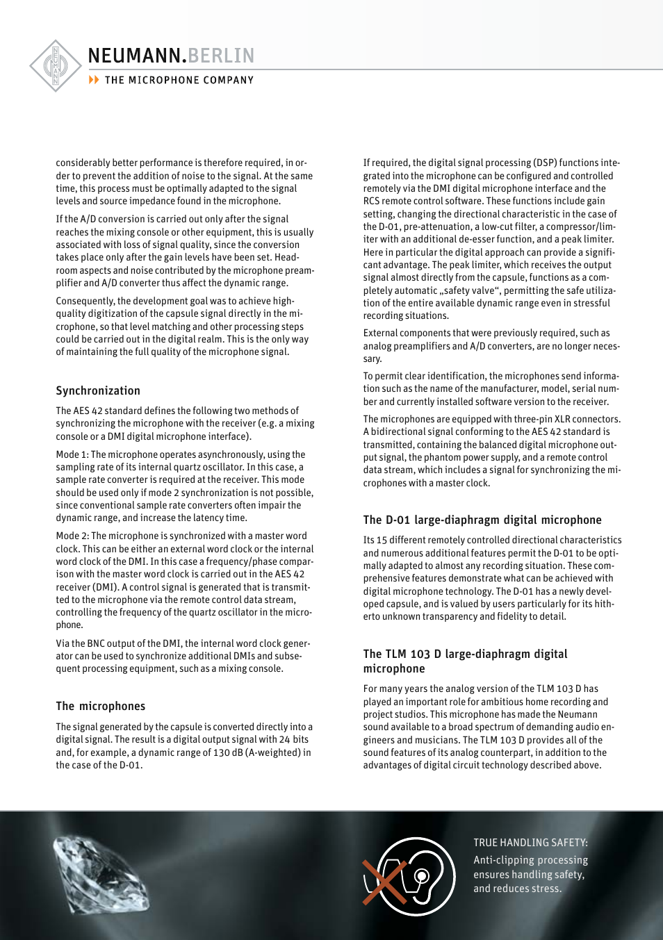Synchronization, The microphones, The d-01 large-diaphragm digital microphone | The tlm 103 d large-diaphragm digital | Neumann.Berlin TLM 67 User Manual | Page 6 / 162