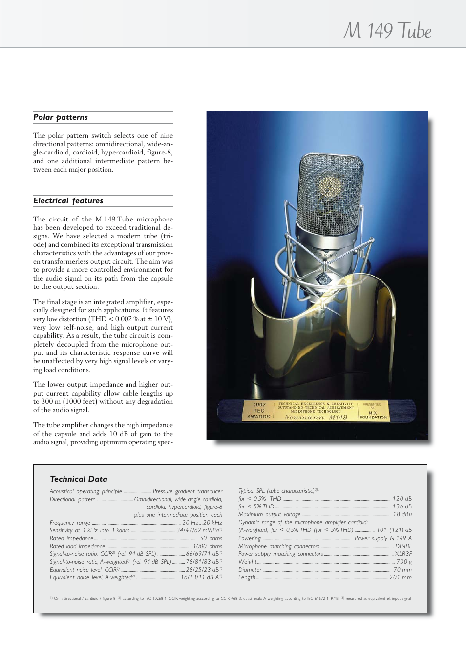 M 149 tube, Polar patterns, Electrical features | Technical data | Neumann.Berlin M 149 Tube User Manual | Page 3 / 6