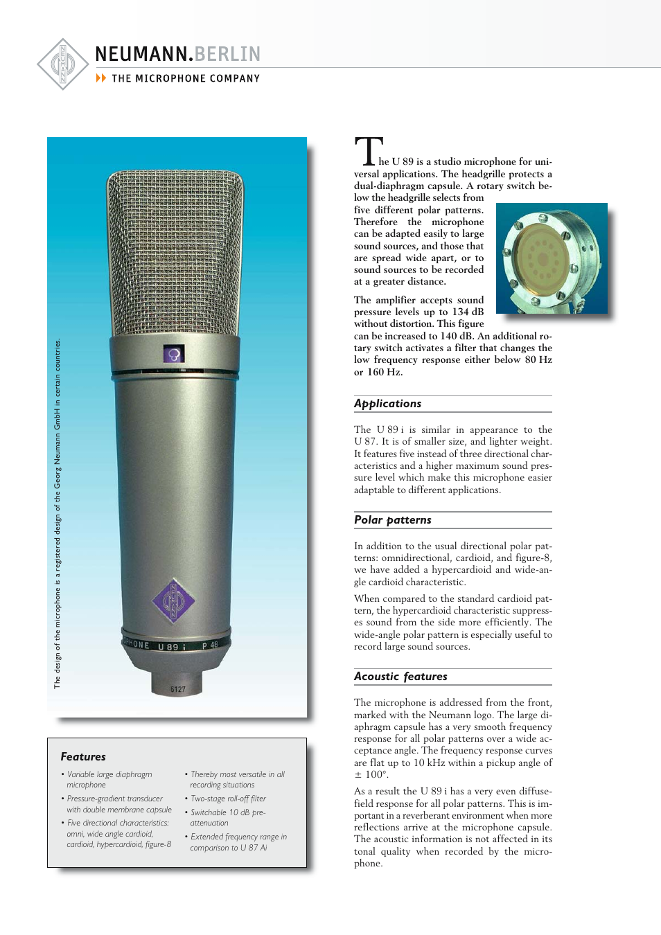 Features, Applications, Polar patterns | Acoustic features | Neumann.Berlin U 89 i User Manual | Page 2 / 4