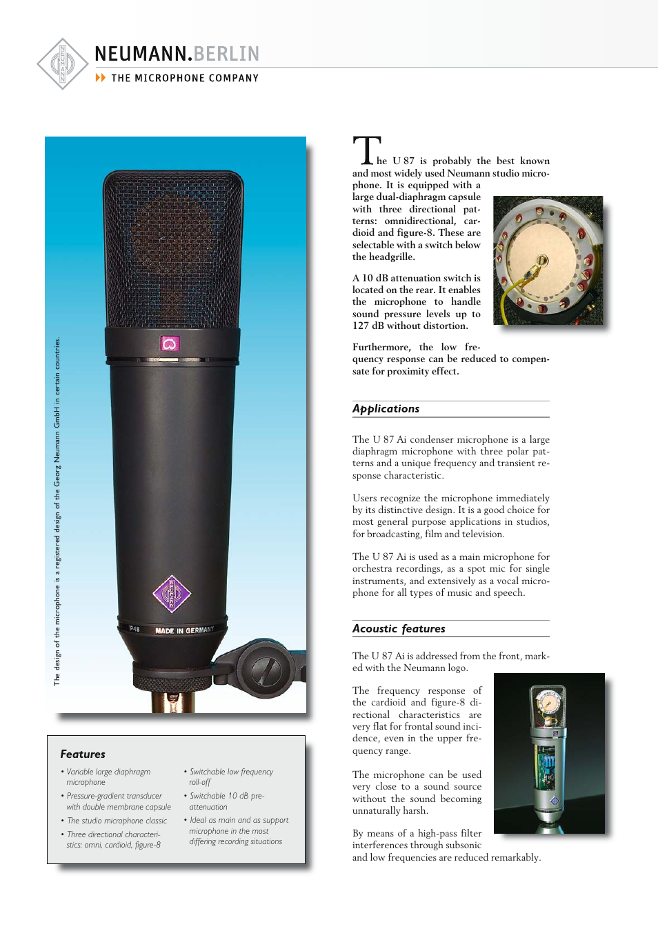 Applications, Acoustic features, Features | Neumann.Berlin U 87 Ai User Manual | Page 2 / 4