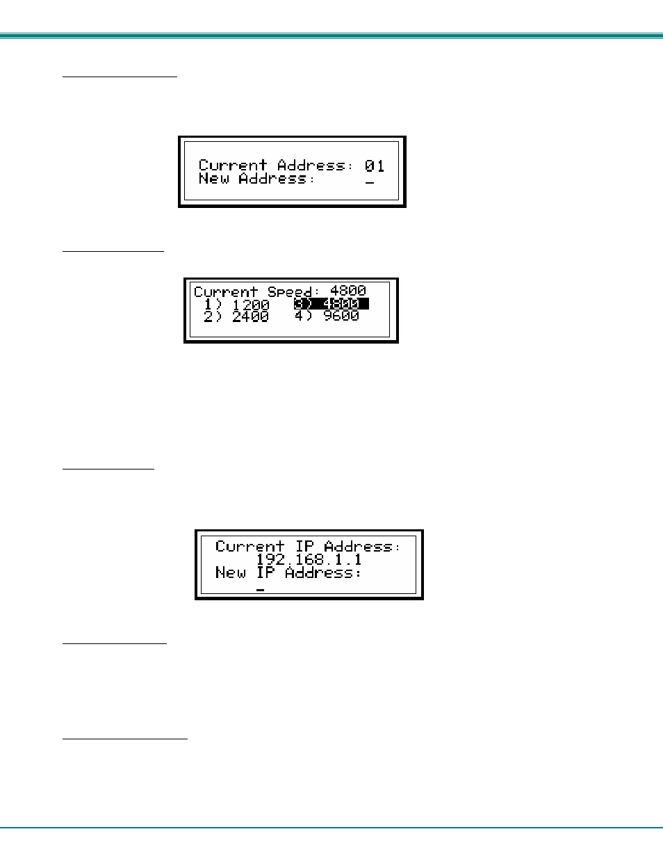 Set serial address, Set serial speed, Set ip address | Set subnet mask, Set default gateway | Network Technologies SM-nXm-C5AV-LCD User Manual | Page 16 / 40
