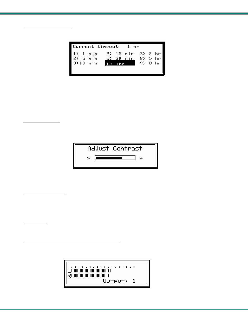 Set wserver timeout, Adjust contrast, Video adjustment | Show size, Displaying audio level (digital vu-meter) | Network Technologies SM-nXm-C5AV-LCD User Manual | Page 17 / 40