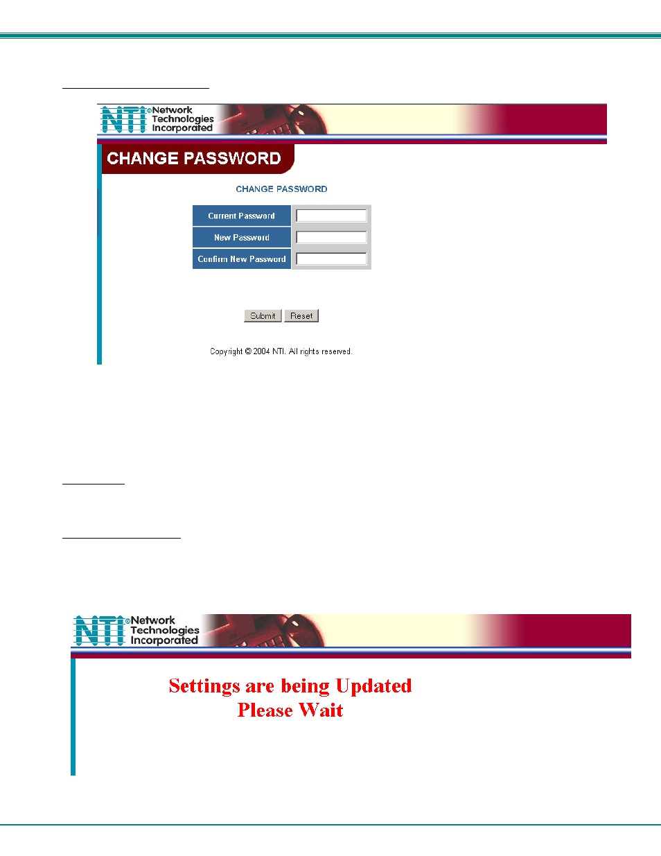 Change password page, Help page, Update web server | Network Technologies SM-nXm-15V-LCD User Manual | Page 31 / 44