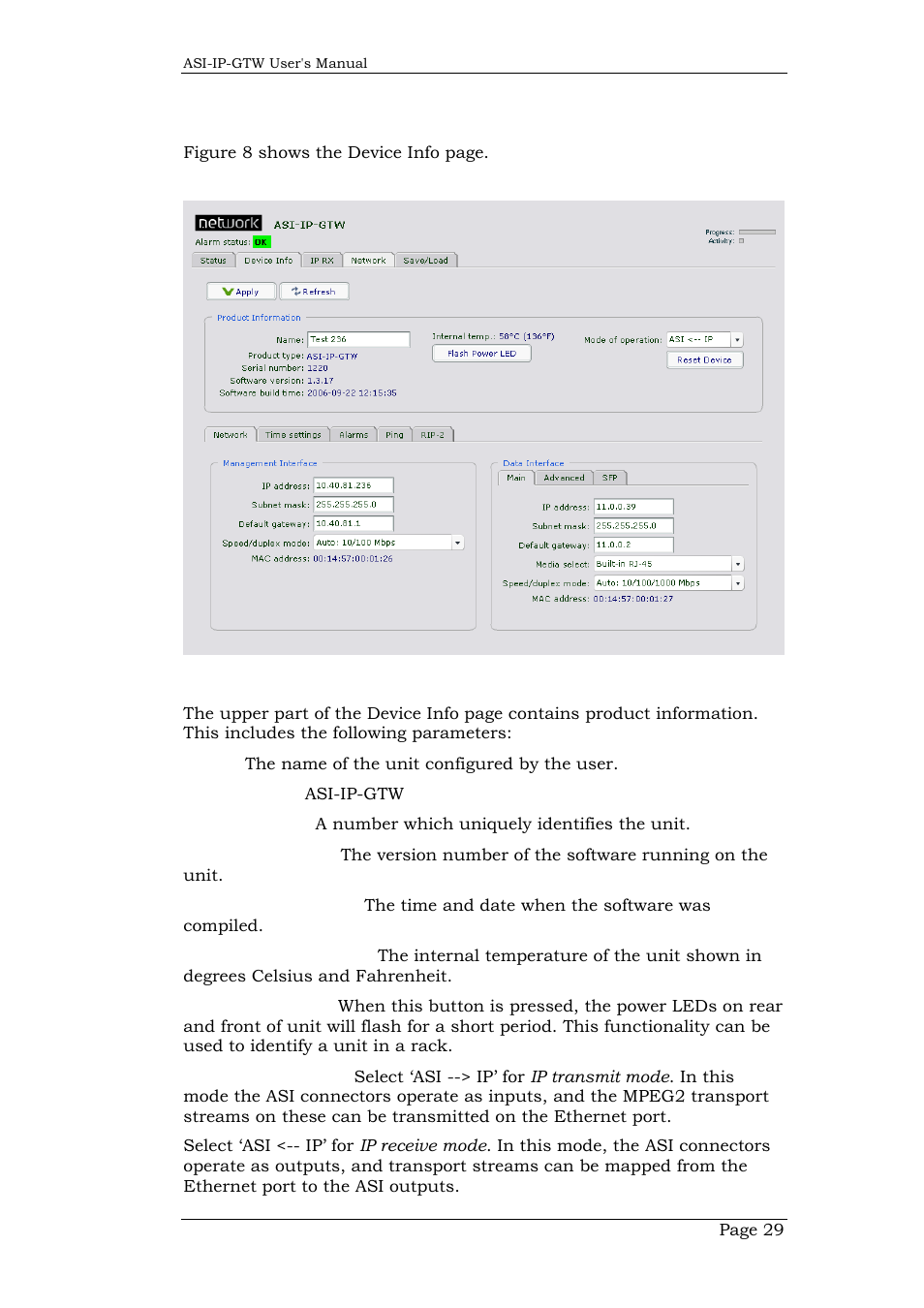 5 device info, Device info | Network Technologies DVB-ASI to IP User Manual | Page 29 / 93