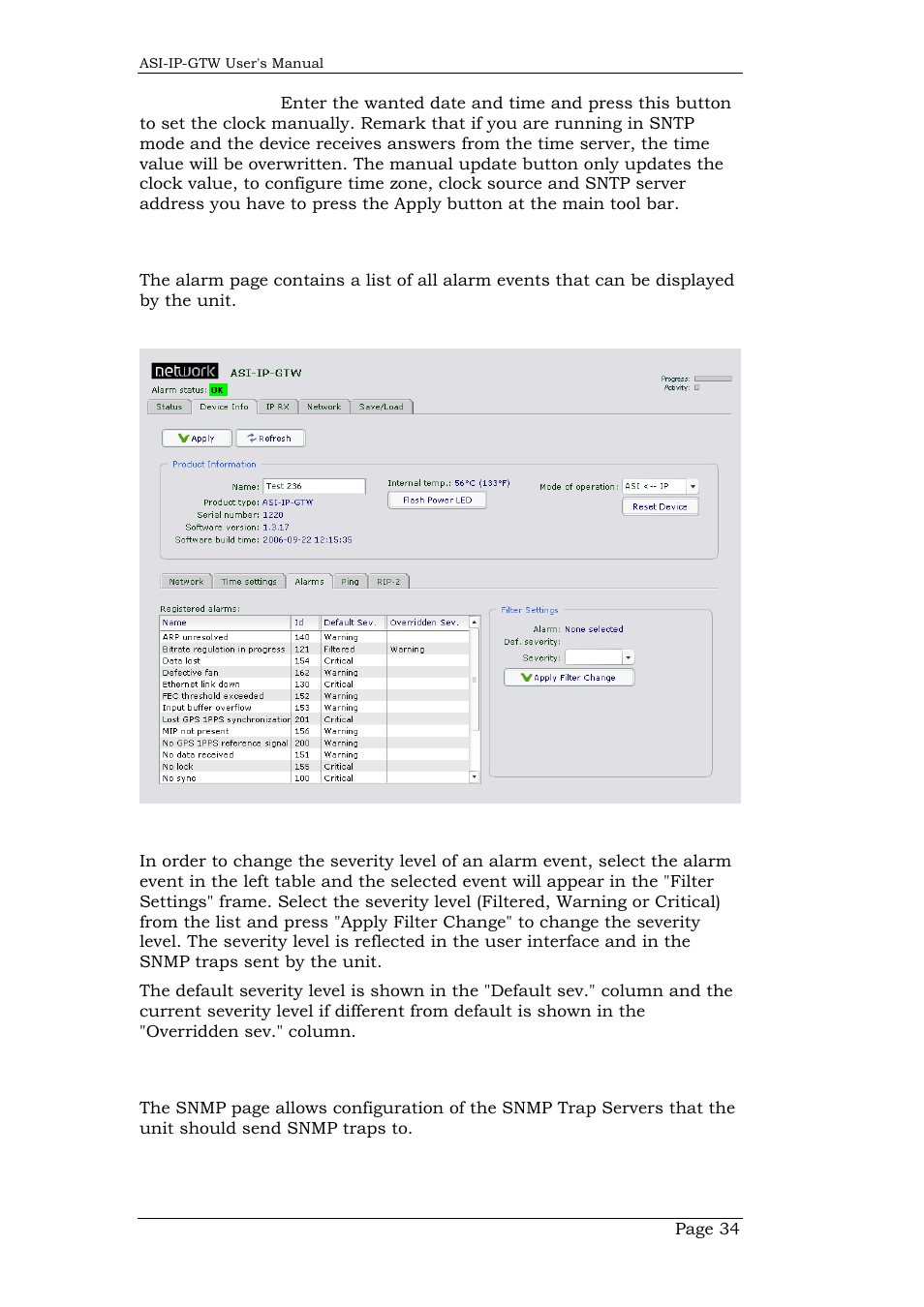 3 alarms, 4 snmp, Alarms | Snmp | Network Technologies DVB-ASI to IP User Manual | Page 34 / 93