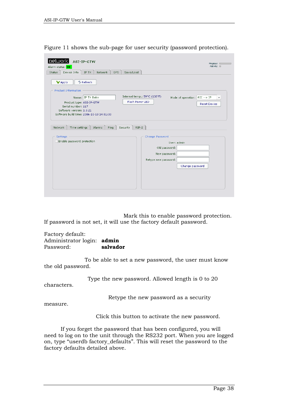 6 security, Security | Network Technologies DVB-ASI to IP User Manual | Page 38 / 93