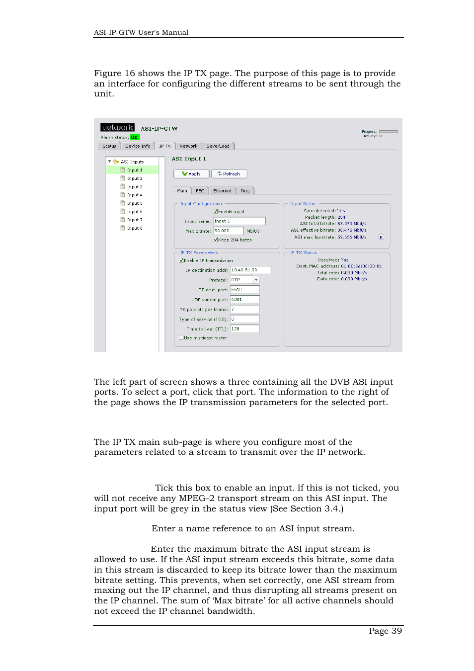 6 ip tx, 1 main, 23 input configuration | Ip tx, Main | Network Technologies DVB-ASI to IP User Manual | Page 39 / 93