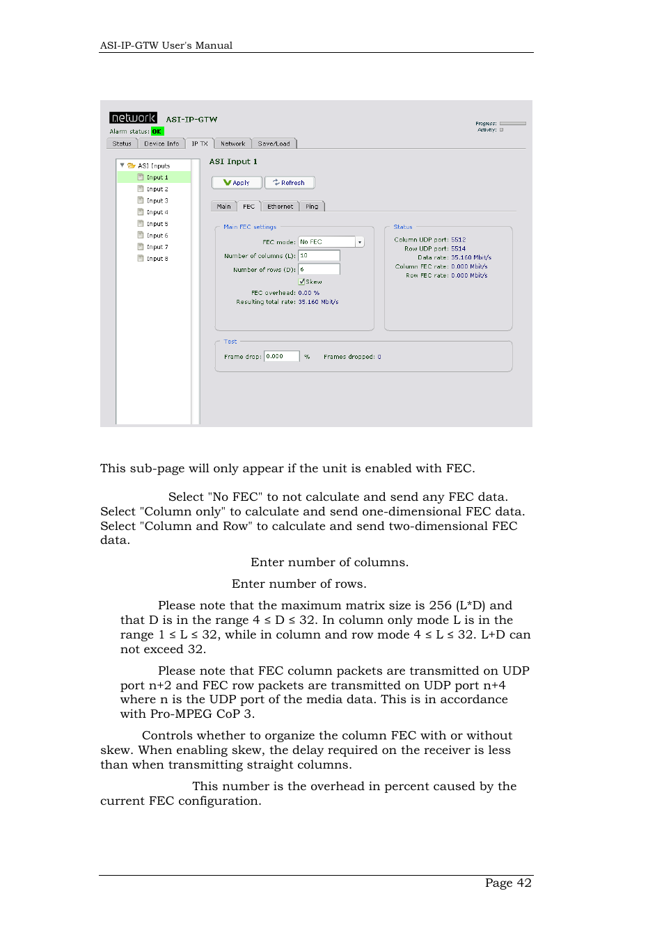 2 fec settings, Fec settings | Network Technologies DVB-ASI to IP User Manual | Page 42 / 93