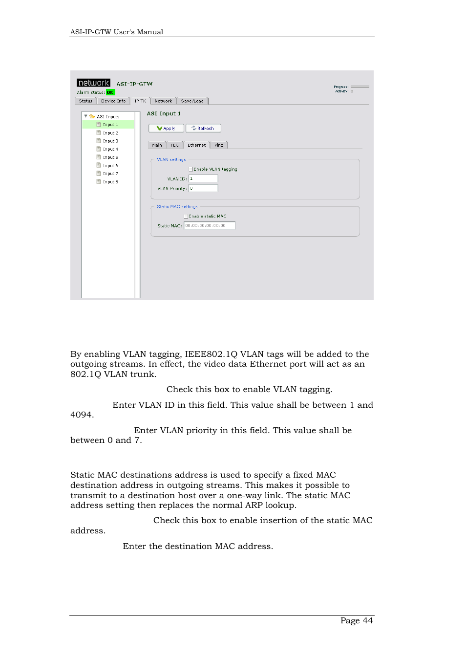 3 ethernet settings, 1 vlan settings, 2 static mac setting | Ethernet settings | Network Technologies DVB-ASI to IP User Manual | Page 44 / 93