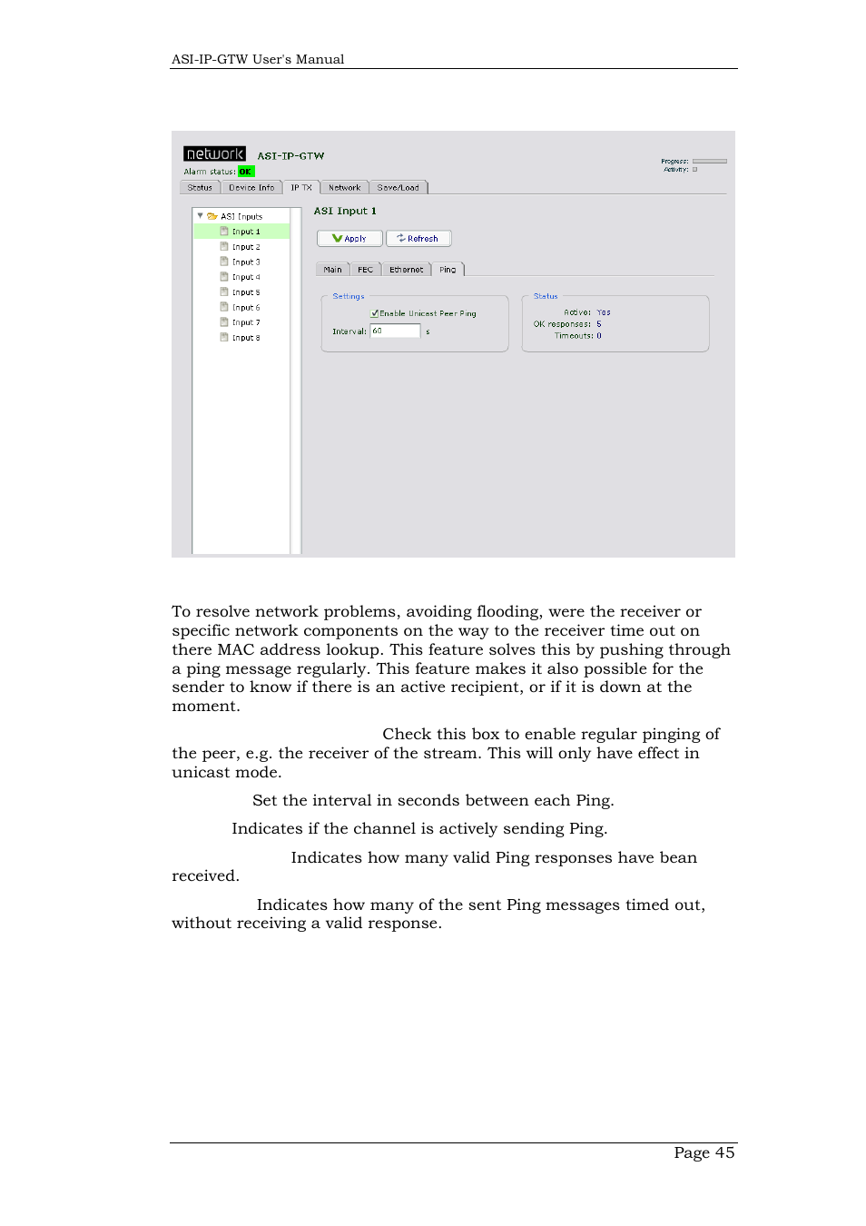 4 ping settings, Ping settings | Network Technologies DVB-ASI to IP User Manual | Page 45 / 93