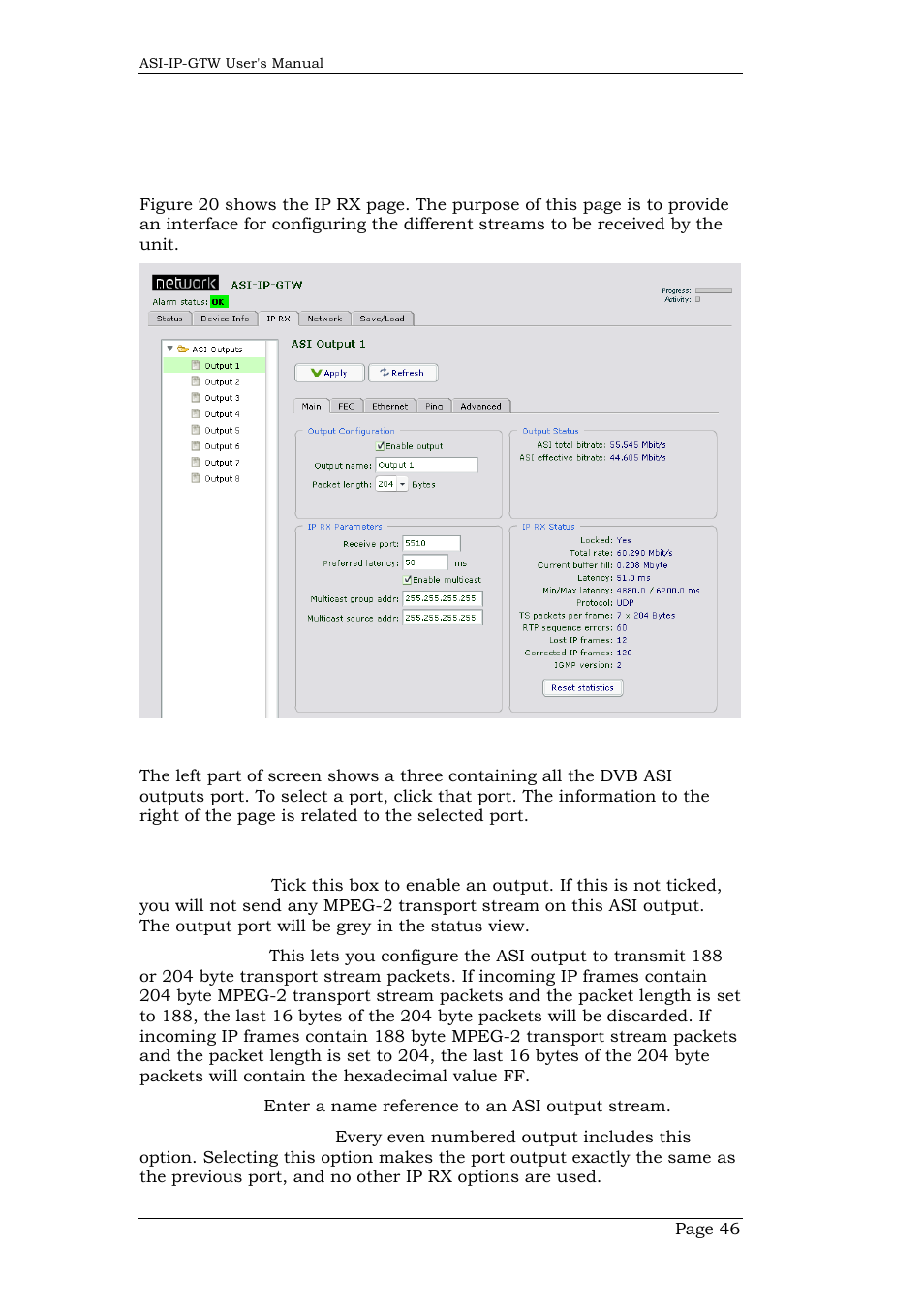 7 ip rx, 1 main, 27 output configuration | Ip rx, Main | Network Technologies DVB-ASI to IP User Manual | Page 46 / 93