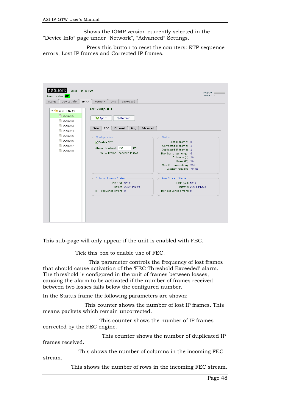 2 fec settings, Fec settings | Network Technologies DVB-ASI to IP User Manual | Page 48 / 93