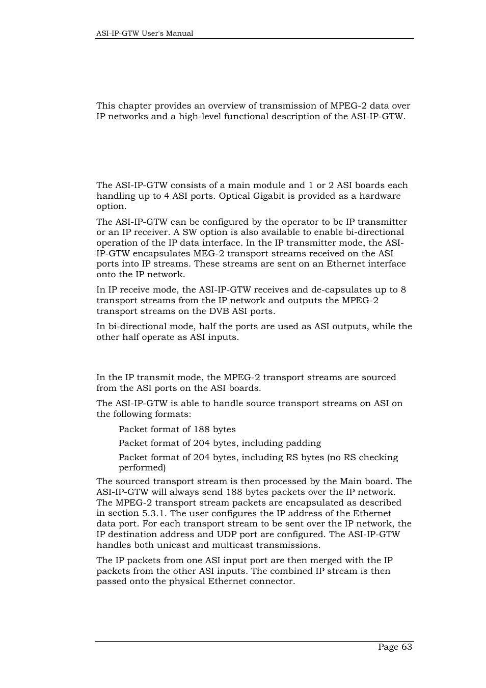 5 equipment description, 1 introduction, 2 functional description | 2 ip transmit mode, Equipment description, Introduction, Functional description, Ip transmit mode | Network Technologies DVB-ASI to IP User Manual | Page 63 / 93