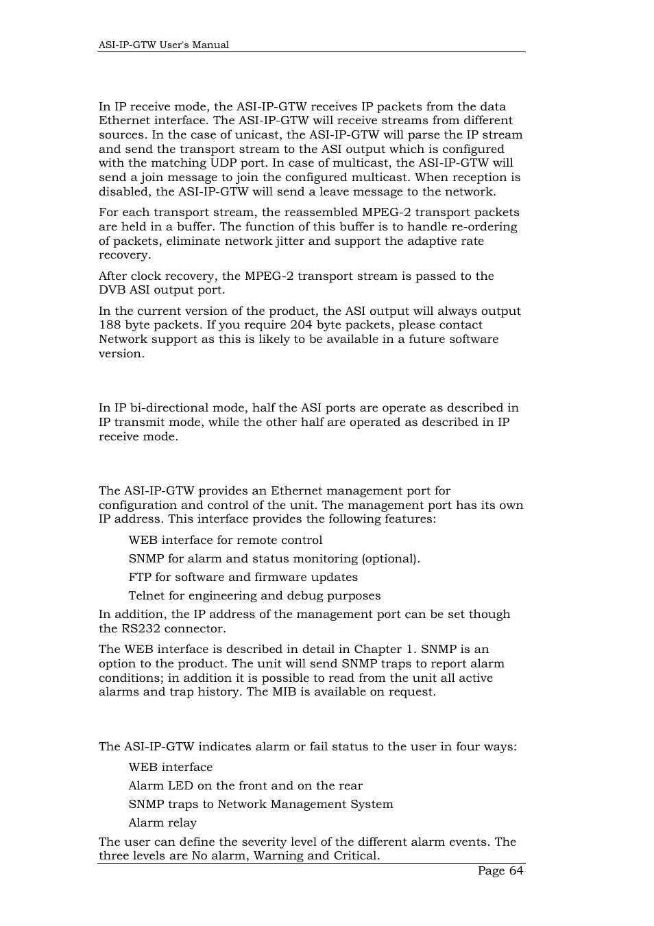 3 ip receive mode, 4 ip bi-directional mode, 5 management | 6 alarms, Ip receive mode, Ip bi-directional mode, Management, Alarms | Network Technologies DVB-ASI to IP User Manual | Page 64 / 93