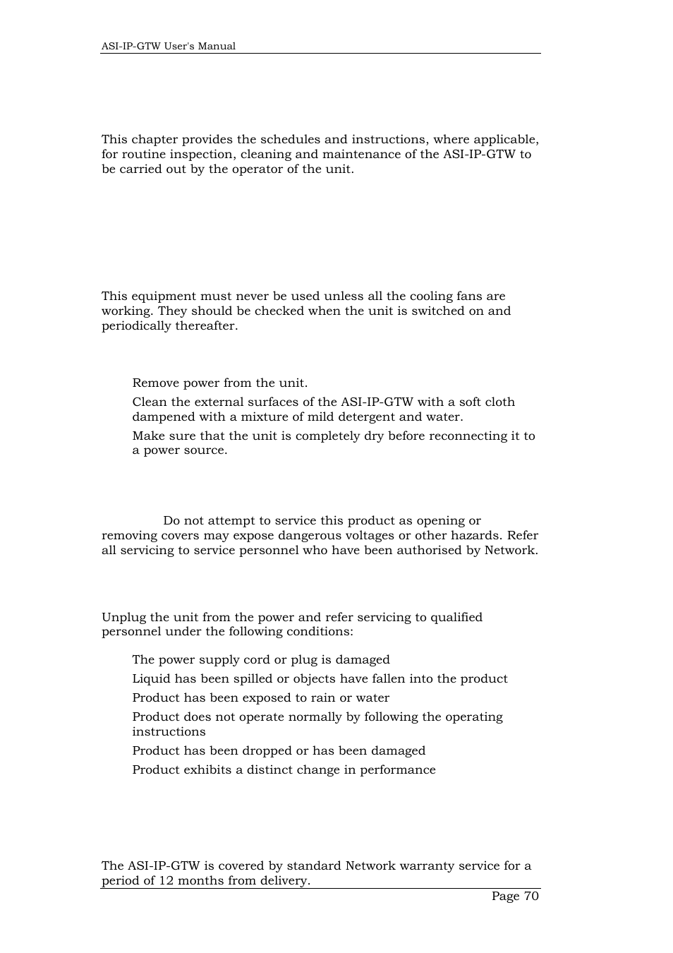 6 preventive maintenance and fault-finding, 1 introduction, 2 preventive maintenance | 1 routine inspection, 35 cooling fans, 2 cleaning, 3 servicing, 36 damage requiring service, 3 maintenance, 1 warranty | Network Technologies DVB-ASI to IP User Manual | Page 70 / 93