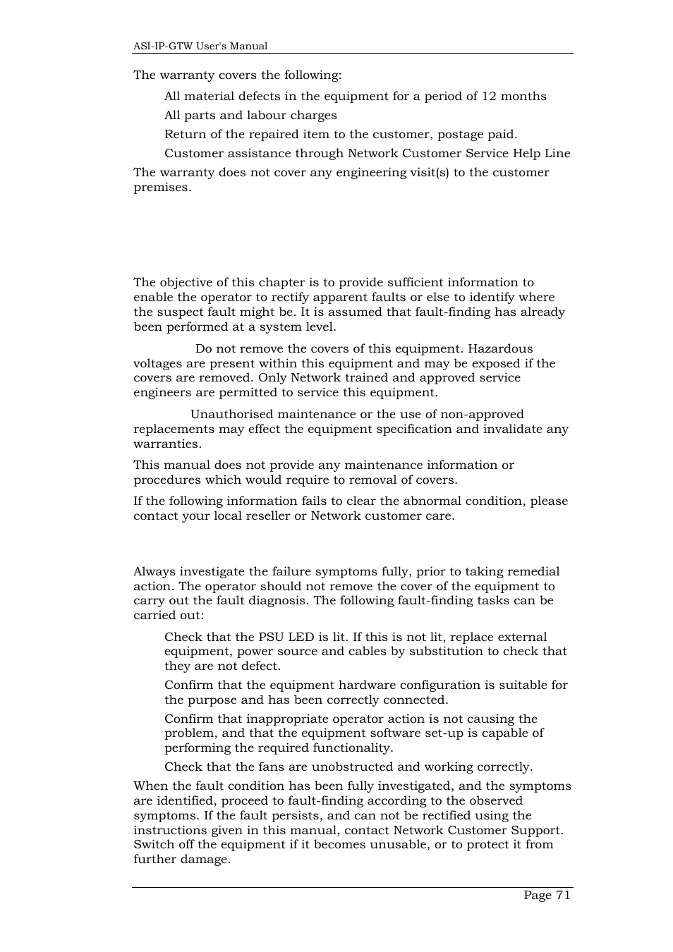 4 fault-finding, 1 fault finding philosophy, 2 preliminary checks | Fault-finding, Fault finding philosophy, Preliminary checks | Network Technologies DVB-ASI to IP User Manual | Page 71 / 93