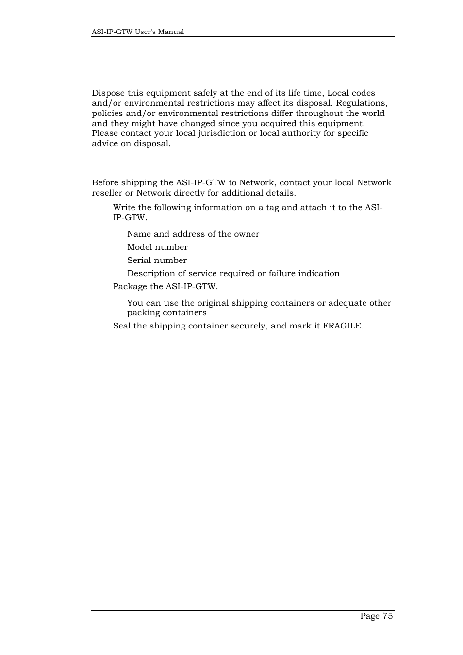 5 disposing of this equipment, 1 general, 6 to return the unit | Disposing of this equipment, General, To return the unit | Network Technologies DVB-ASI to IP User Manual | Page 75 / 93