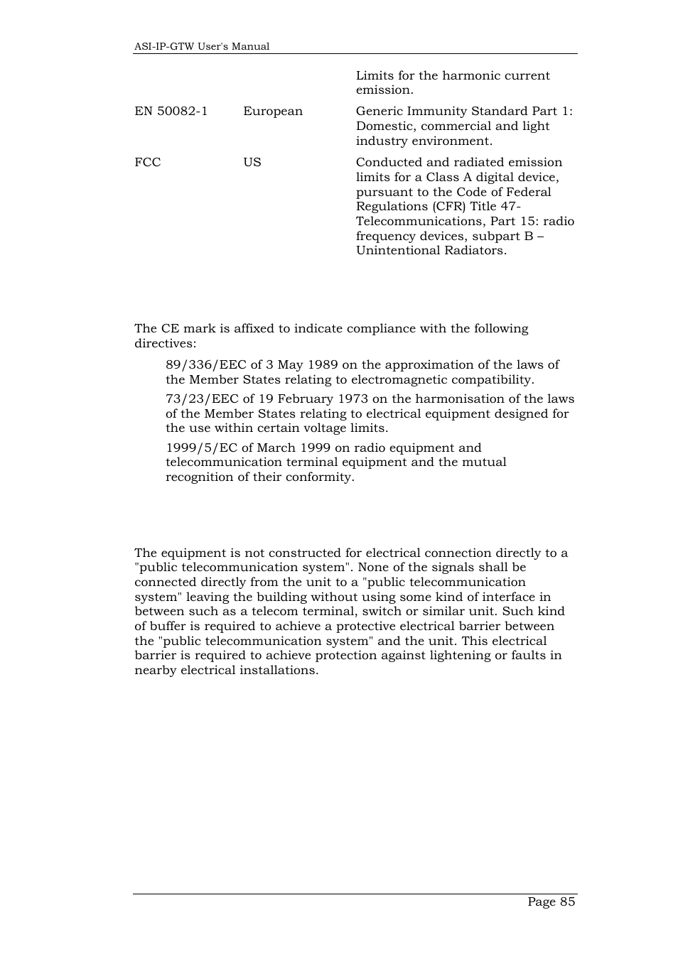 3 ce marking, 4 interface to “public telecommunication system, Ce marking | Interface to “public telecommunication system | Network Technologies DVB-ASI to IP User Manual | Page 85 / 93