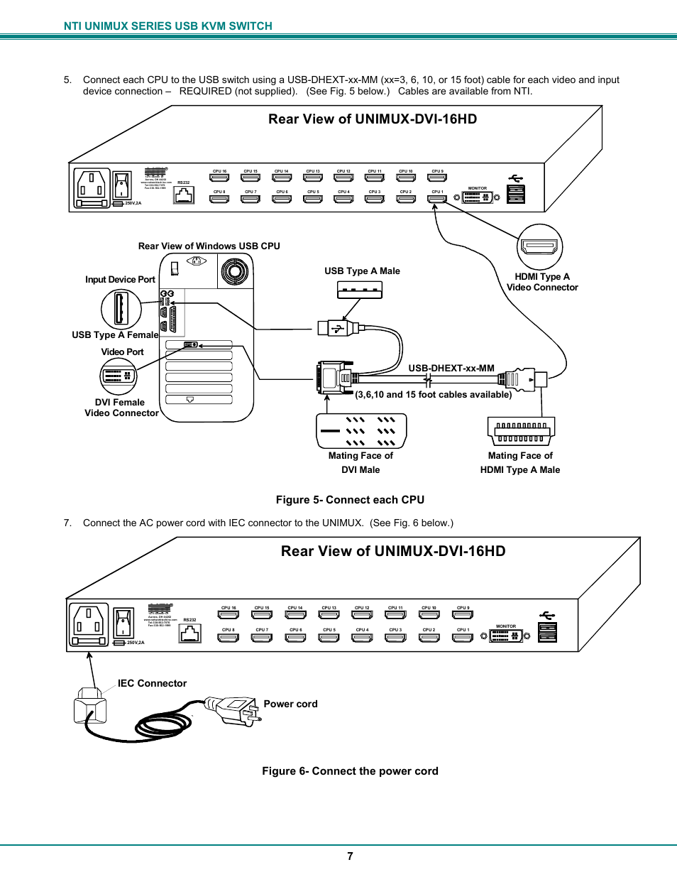 Rear view of unimux-dvi-16hd, Nti unimux series usb kvm switch 7, Figure 5- connect each cpu | Figure 6- connect the power cord, Power cord iec connector | Network Technologies UNIMUX-DVI-xHD User Manual | Page 10 / 23