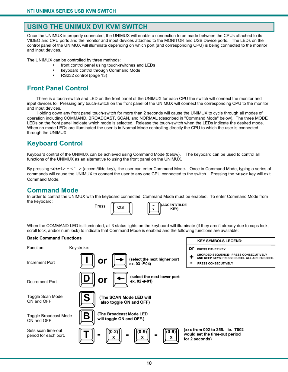 D or, Using the unimux dvi kvm switch, Front panel control | Keyboard control, Command mode | Network Technologies UNIMUX-DVI-xHD User Manual | Page 13 / 23