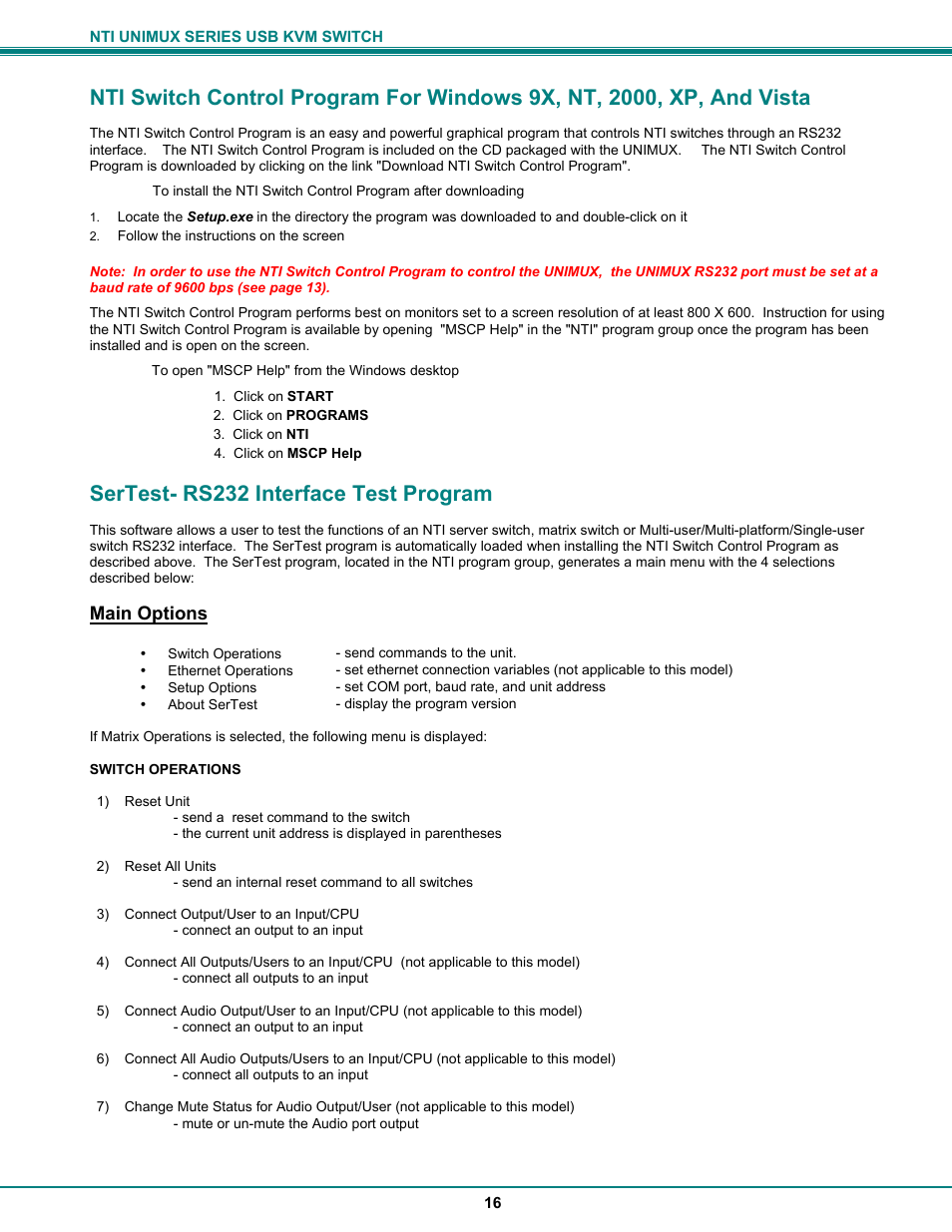 Sertest- rs232 interface test program, Main options | Network Technologies UNIMUX-DVI-xHD User Manual | Page 19 / 23