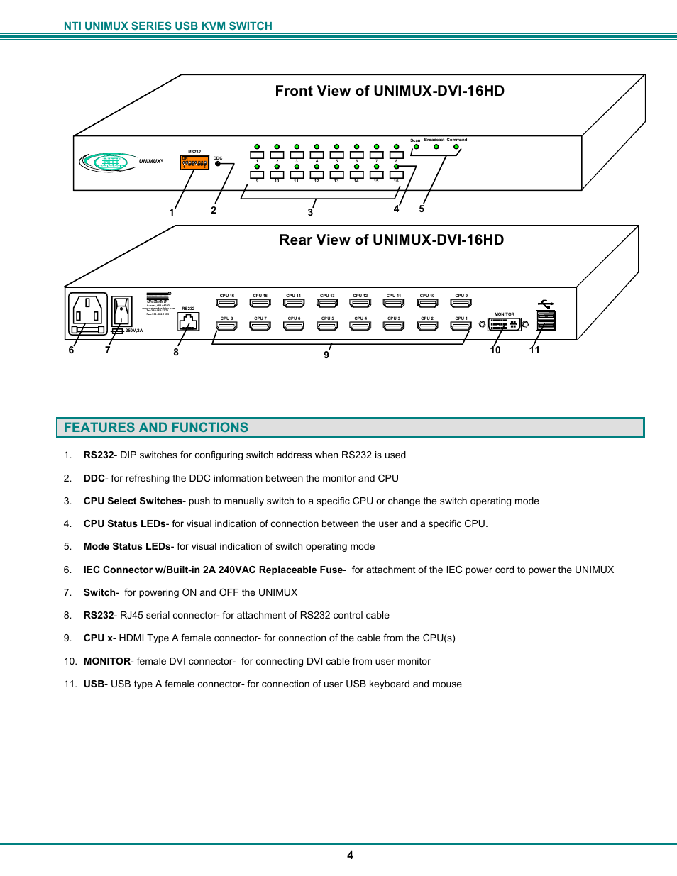 Rear view of unimux-dvi-16hd, Front view of unimux-dvi-16hd, Features and functions | Nti unimux series usb kvm switch 4, Nti r | Network Technologies UNIMUX-DVI-xHD User Manual | Page 7 / 23