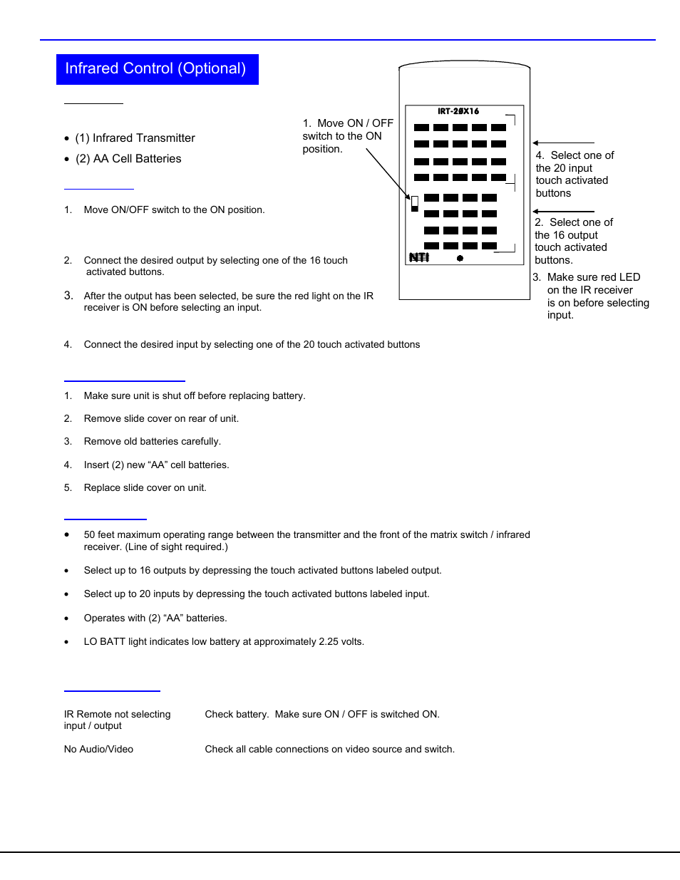 Infrared control (optional), Irt-20x16, Instructions | Battery replacement, Specifications, Troubleshooting | Network Technologies SM-nXm-AV-LCD User Manual | Page 17 / 19