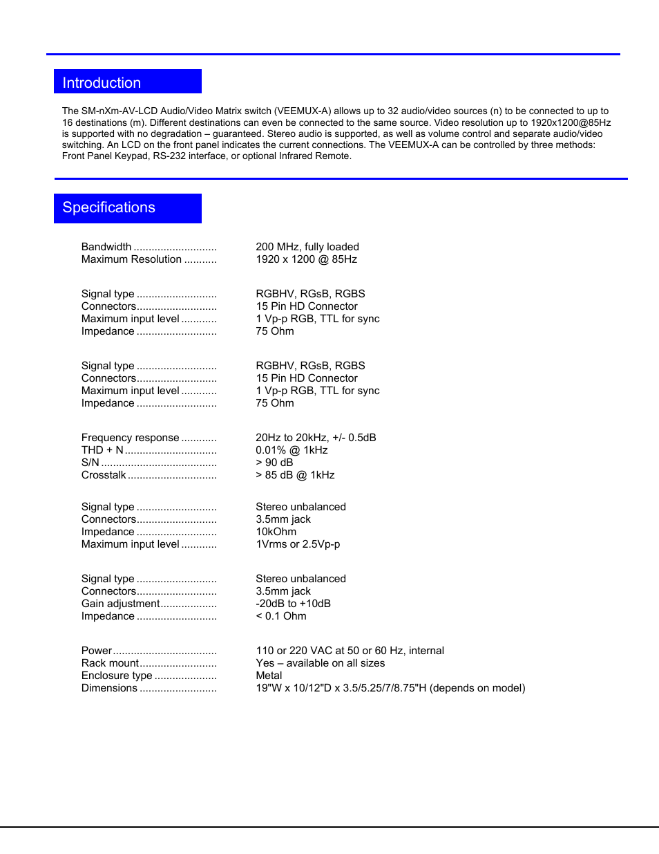 Introduction specifications | Network Technologies SM-nXm-AV-LCD User Manual | Page 4 / 19