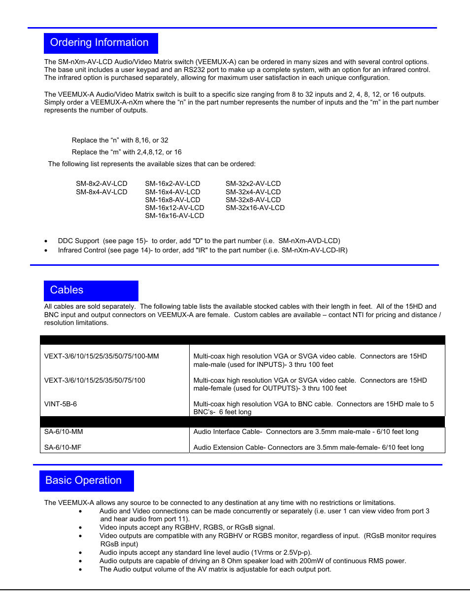 Ordering information, Ordering information cables basic operation | Network Technologies SM-nXm-AV-LCD User Manual | Page 5 / 19