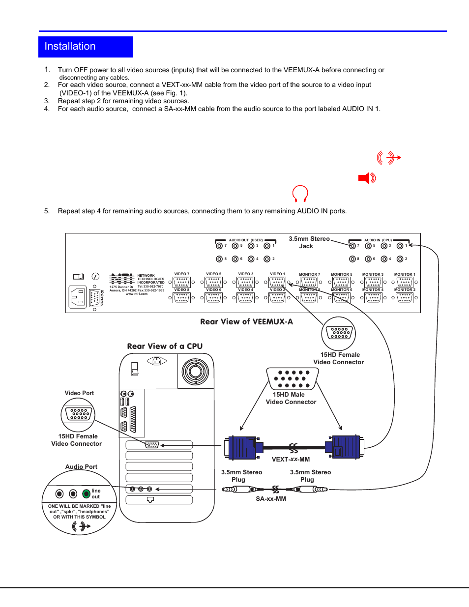 N t i, Installation, Figure 1- install audio and video source cables | Network Technologies SM-nXm-AV-LCD User Manual | Page 7 / 19