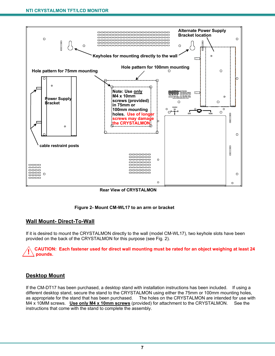 Wall mount- direct-to-wall, Desktop mount | Network Technologies CRYSTALMON CM-WL17 User Manual | Page 11 / 20