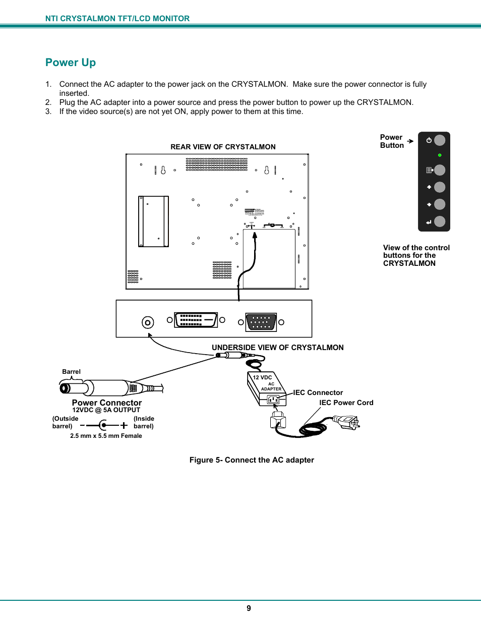 Power up, Power connector, Nti crystalmon tft/lcd monitor 9 | Network Technologies CRYSTALMON CM-WL17 User Manual | Page 13 / 20