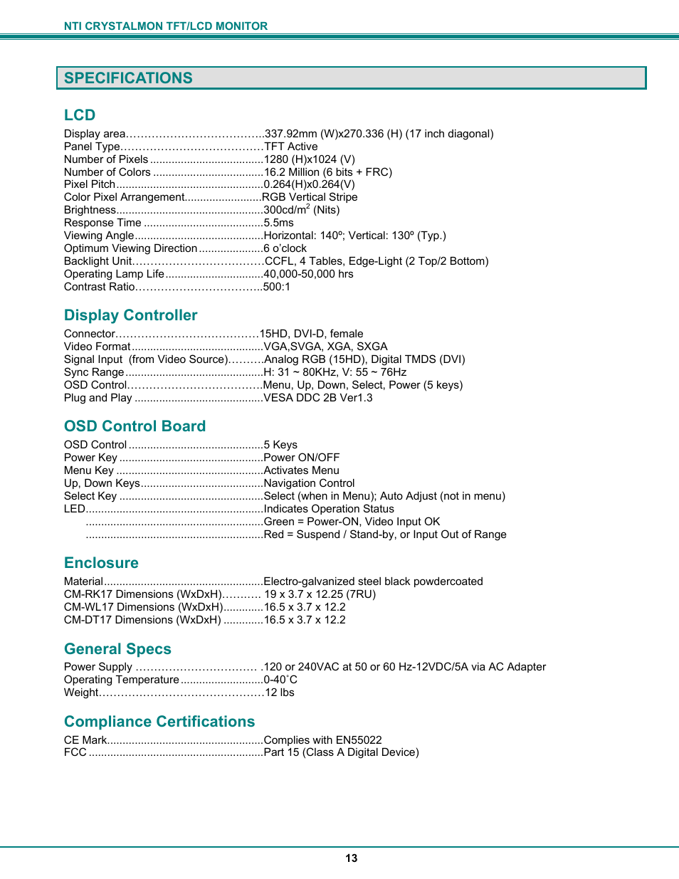 Specifications lcd, Display controller, Osd control board | Enclosure, General specs, Compliance certifications | Network Technologies CRYSTALMON CM-WL17 User Manual | Page 17 / 20